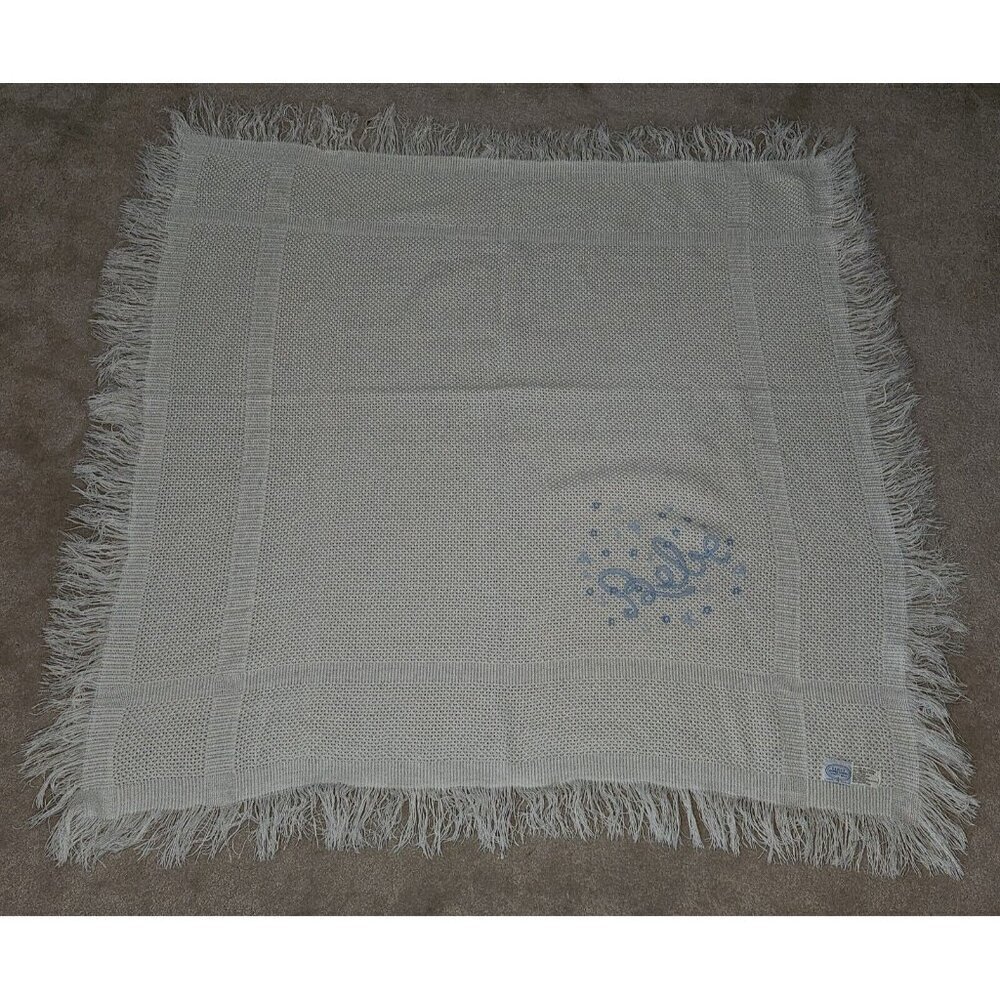VTG First Impressions White Knit Baby Blanket Acrylic Spain Blue Bebe Stitching